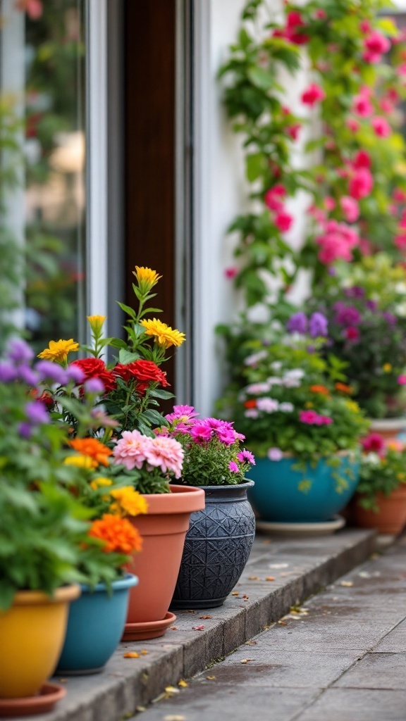 A row of colorful flower pots filled with vibrant blooming flowers.