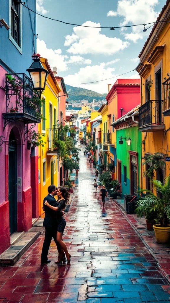 Couple dancing in the colorful streets of La Boca, Buenos Aires