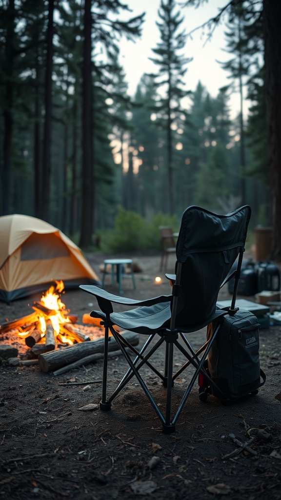 A portable camping chair set up near a campfire and tent in a forested area.
