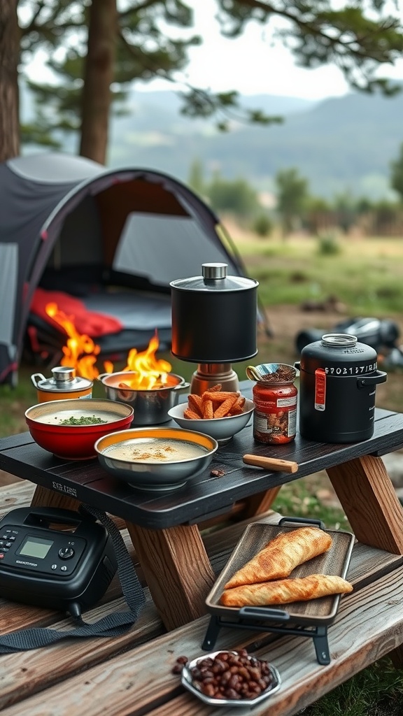 A camping setup featuring a cooking station with various food items and a tent in the background.