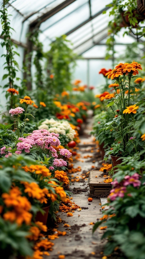 A vibrant greenhouse filled with colorful flowers and a clear pathway, highlighting companion planting.
