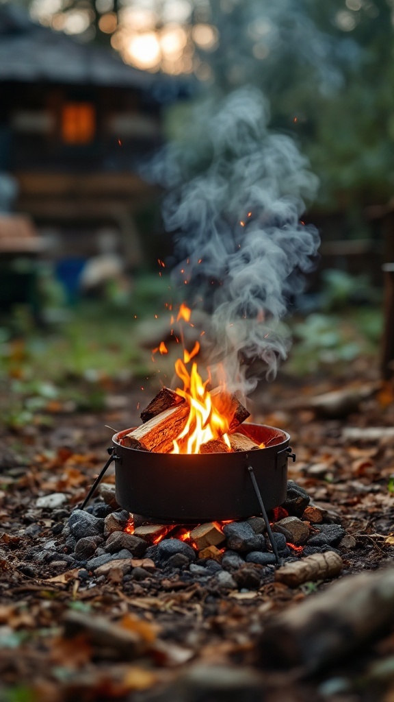 A rocket stove burning in a natural setting with smoke and flames.