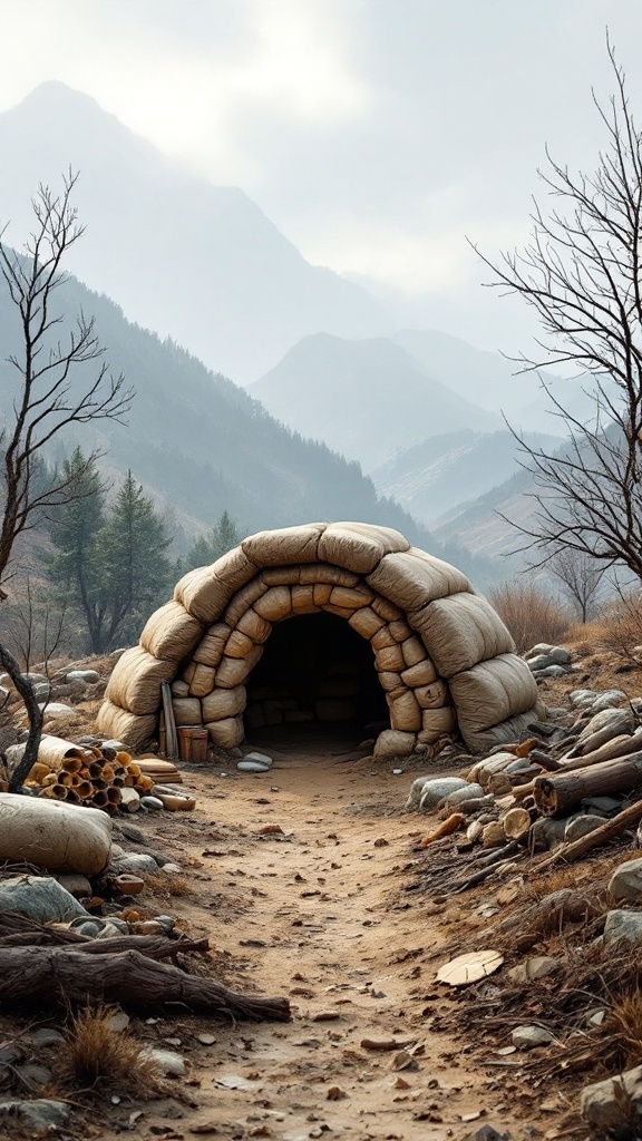 An earth bag shelter in a mountainous area, showcasing a natural building technique with bags and soil.