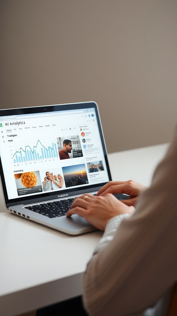 Person using a laptop with AI analytics on screen.