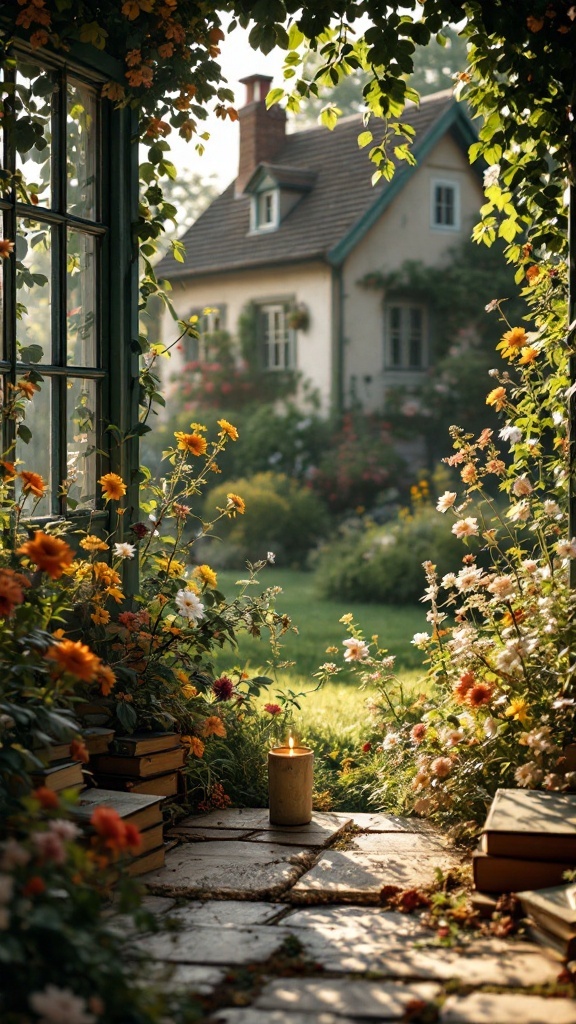 Pinterest Micro-Trend Aesthetics. A tranquil outdoor scene with flowers, books, and a candle in a cozy setting.