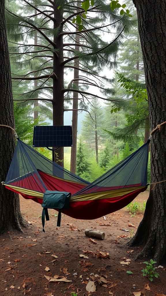 Essential Camping Gear Items. A cozy hammock with a bug net, set between two trees in a forest.