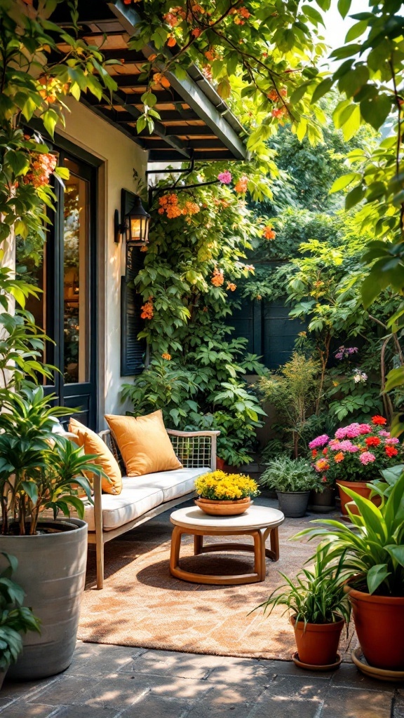 A cozy patio with a sofa, colorful flowers, and a small table surrounded by greenery.