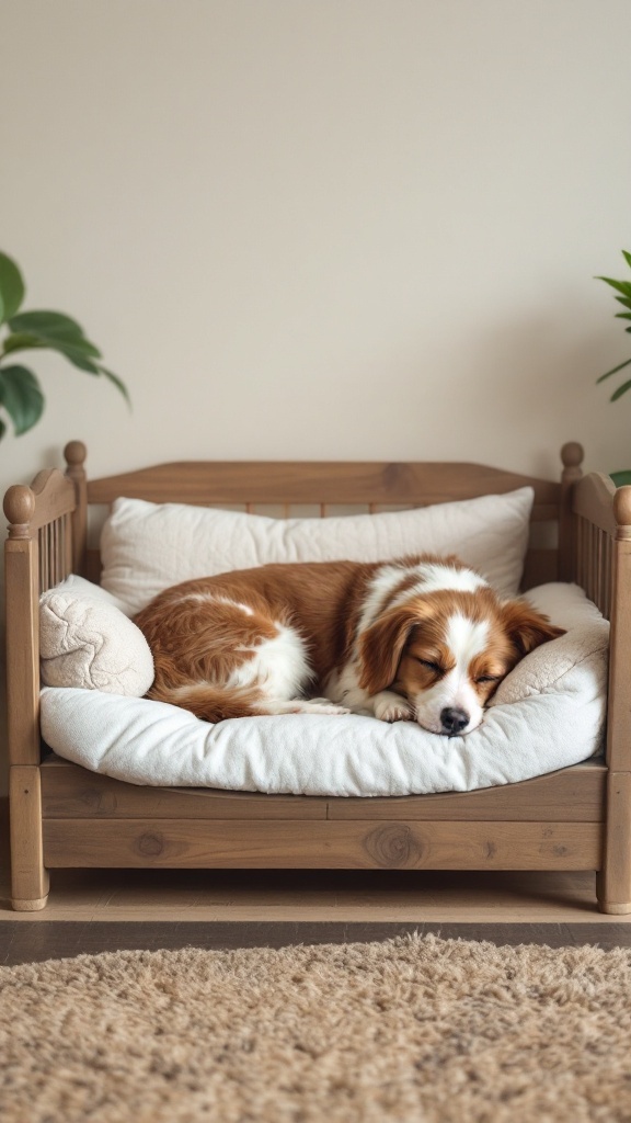12 Easy Woodworking Projects for Beginners You Can Start Today! A cozy wooden pet bed with a sleeping dog and soft cushions