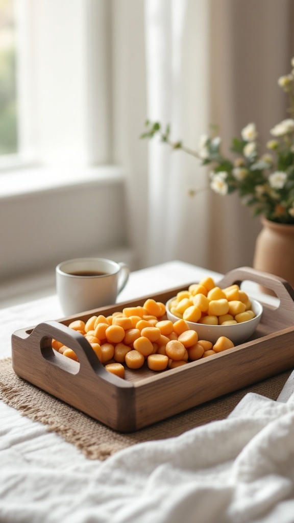 woodworking, beginner woodworking, DIY woodworking, easy wood projects, woodworking for beginners, simple woodworking, quick wood projects, starter woodworking, woodworking tutorials, beginner DIY, woodworking tools, woodworking materials, woodworking. A wooden serving tray filled with yellow treats and a cup of coffee on a soft tablecloth, creating a cozy atmosphere.