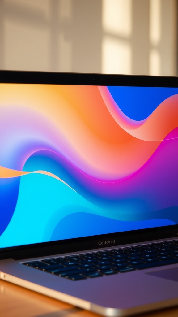 A laptop displaying vibrant abstract graphic design.
