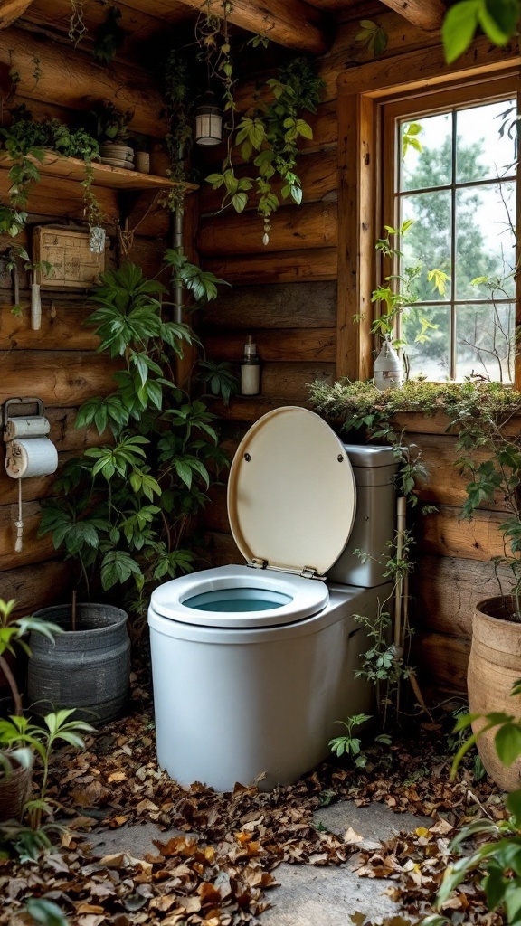 A cozy composting toilet setup surrounded by plants in a wooden cabin