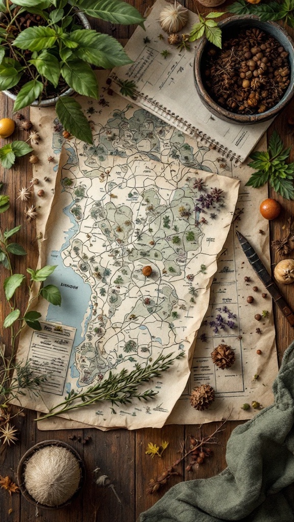 A detailed foraging map surrounded by herbs and natural elements.