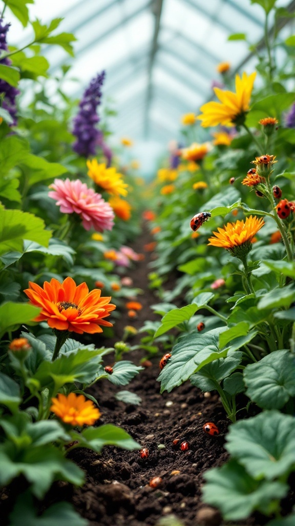 A vibrant greenhouse filled with colorful flowers and ladybugs.