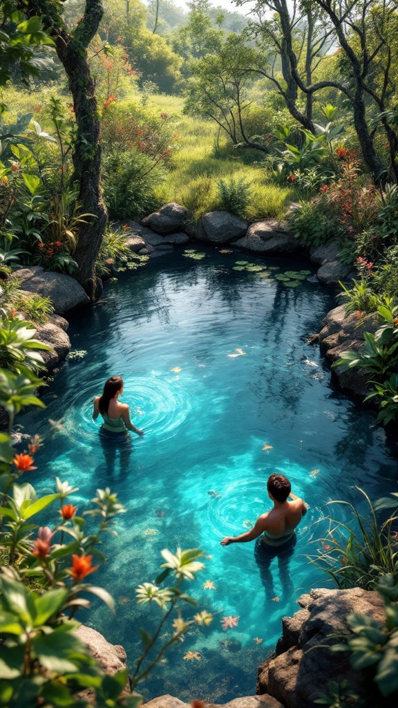 A serene natural swimming pond surrounded by greenery and flowers, with two people enjoying the water.