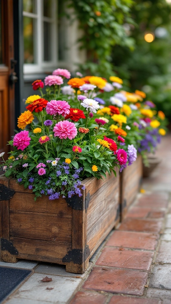 A wooden planter box filled with colorful flowers, sitting on a brick path.