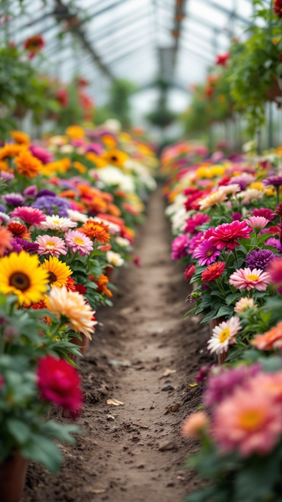 A vibrant display of blooming flowers in a greenhouse, showcasing various colors and species arranged along a central path.