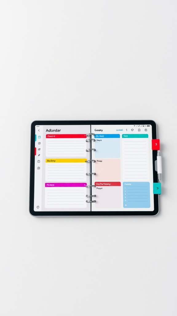 A digital planner displayed on a tablet with colorful tabs and sections for organization.