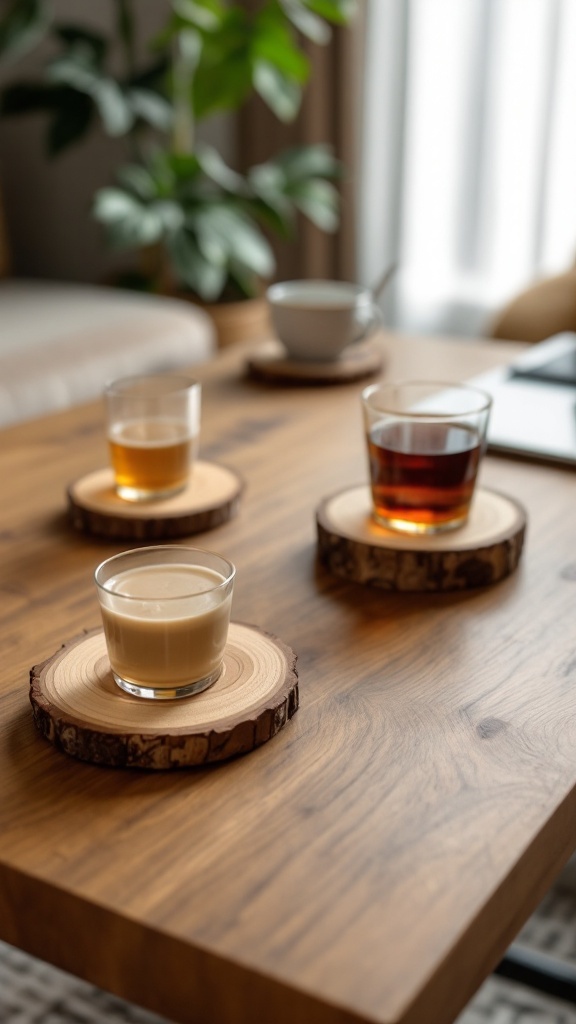 Wooden coasters on a coffee table with drinks