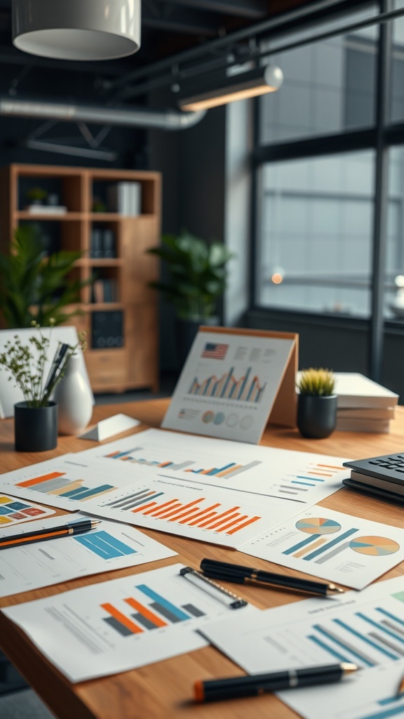 A workspace with various infographic templates and charts for data visualization.