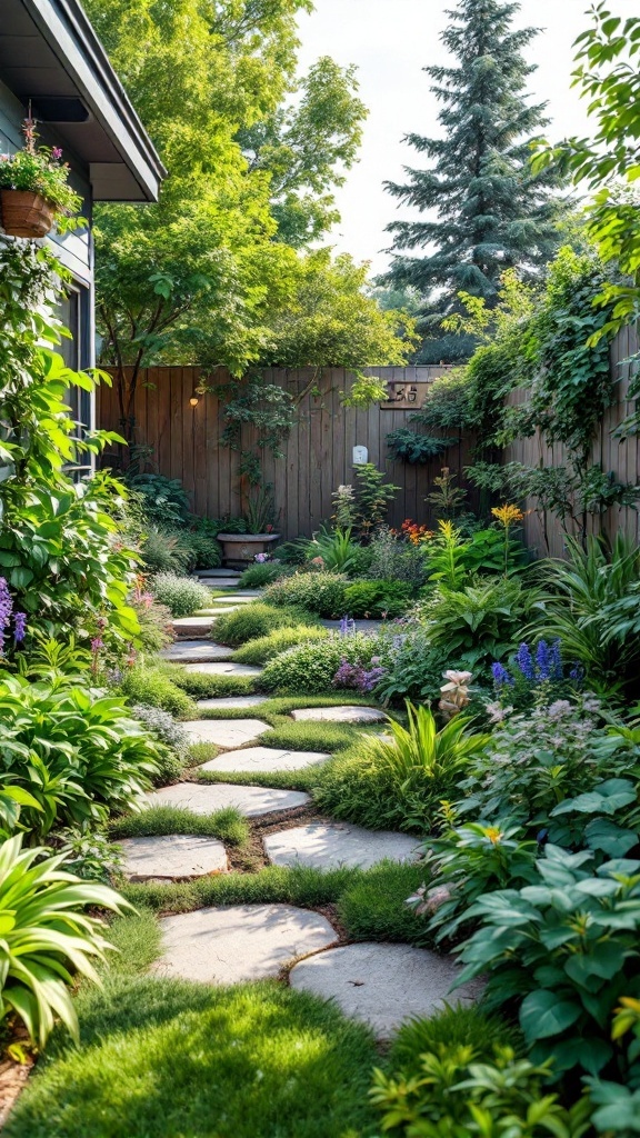 A beautiful corner garden with a stone pathway and vibrant flowers.