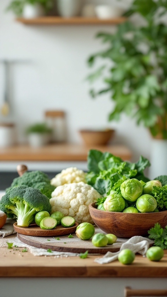 A colorful assortment of cruciferous vegetables including broccoli, cauliflower, and Brussels sprouts arranged on wooden plates, highlighting their freshness and health benefits.