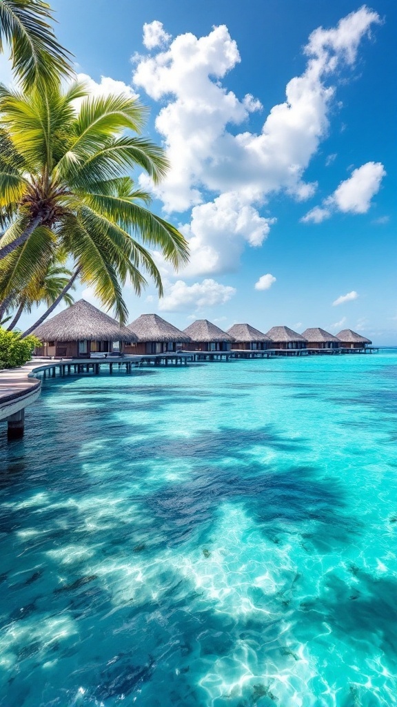 A picturesque view of water villas over crystal clear waters in the Maldives