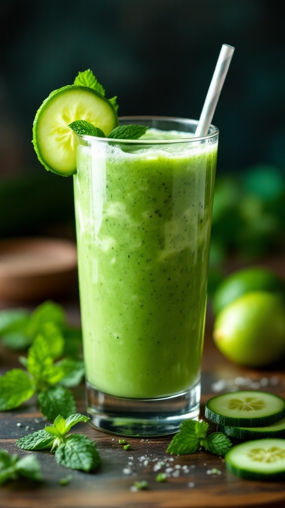 A refreshing cucumber mint smoothie in a tall glass garnished with cucumber and mint leaves.