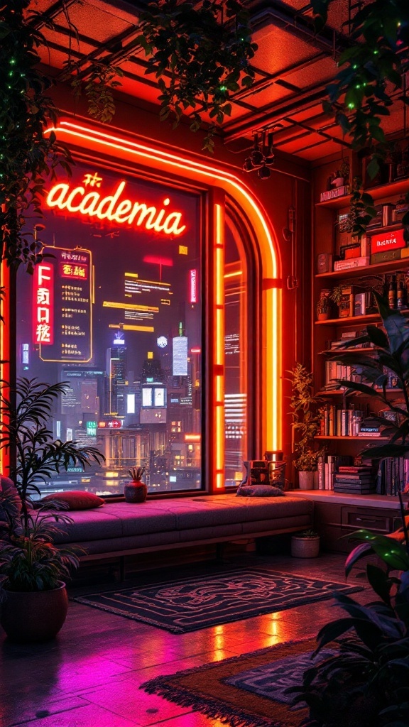 A cozy room with neon lights, plants, and a view of a futuristic city.