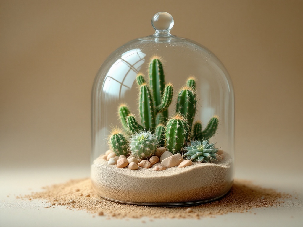 Maximum Terrarium Therapy. A terrarium featuring various cacti in a sandy environment under a glass dome.