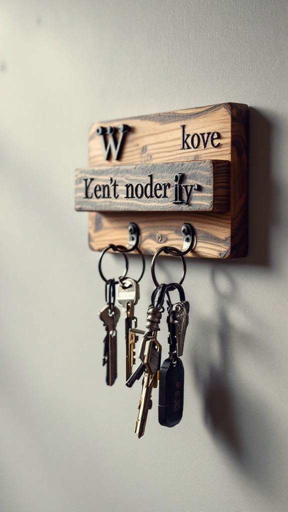 A wooden key holder with hooks and personalized lettering.