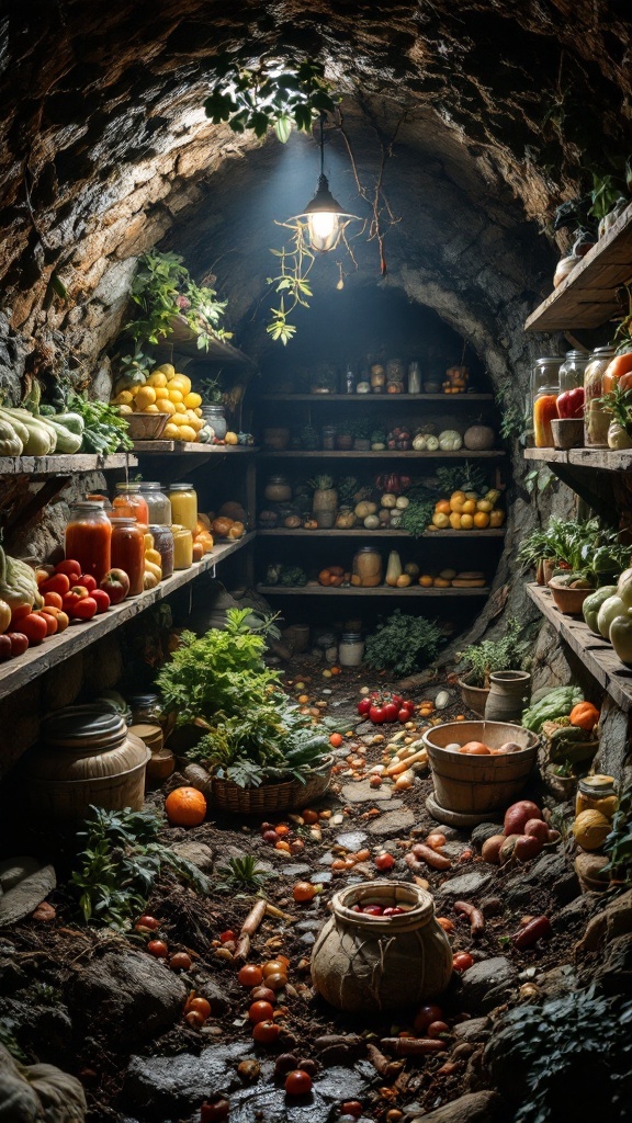 A well-organized root cellar filled with fresh produce and jars, showcasing a rustic storage solution.