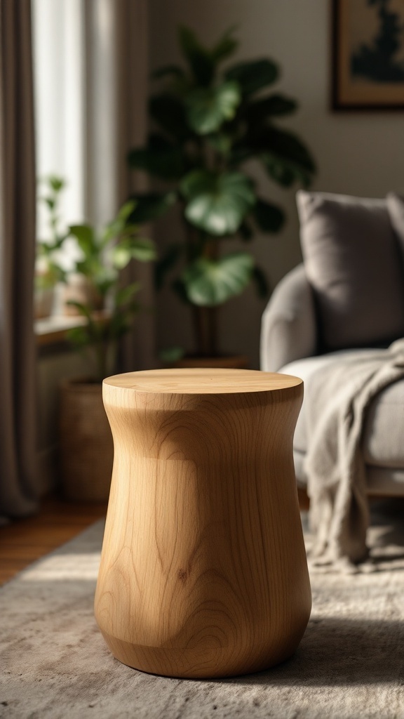 Wooden stool with a smooth rounded design in a cozy interior setting