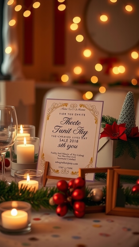 A beautifully designed event invitation on a table with candles and festive decor.