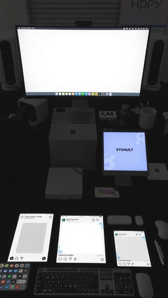 A creative workspace featuring various digital devices and a computer displaying social media templates.