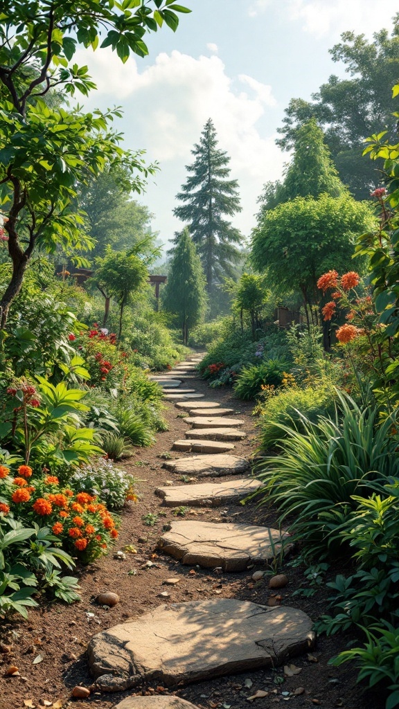 A serene pathway through a lush permaculture garden, filled with vibrant flowers and greenery.
