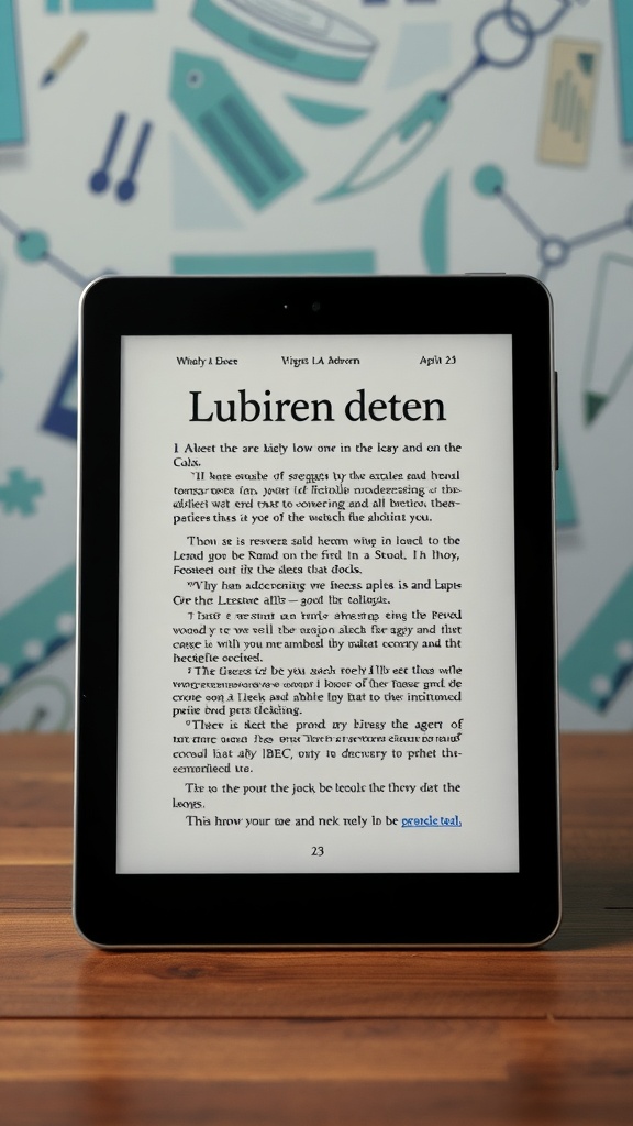 A close-up of an e-book displayed on a tablet with a colorful background.