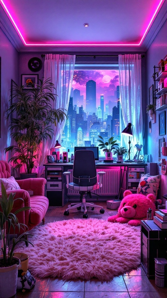 A cozy and stylish room featuring pink lighting, a plush rug, and a vibrant city view.