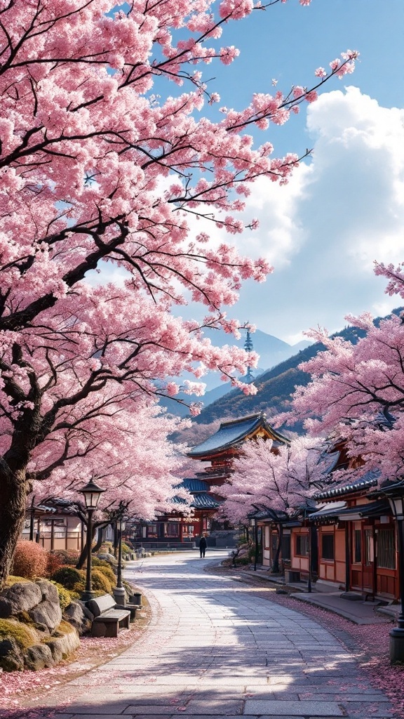 Cherry blossoms in Kyoto, Japan, with traditional buildings in the background