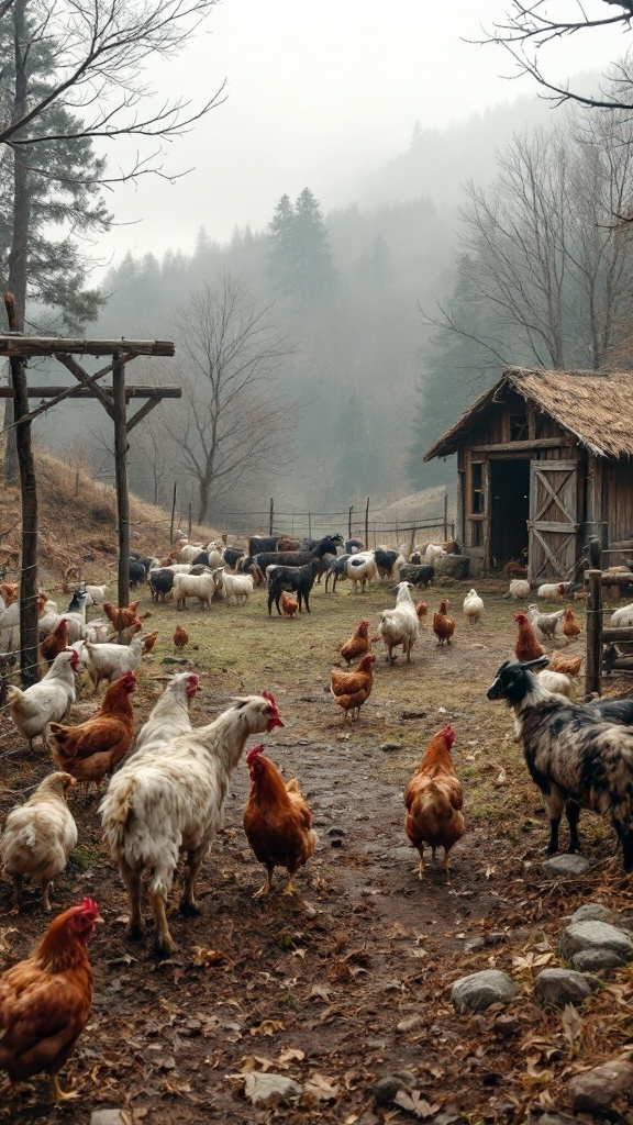 A peaceful off-grid livestock area with chickens and goats near a rustic barn.