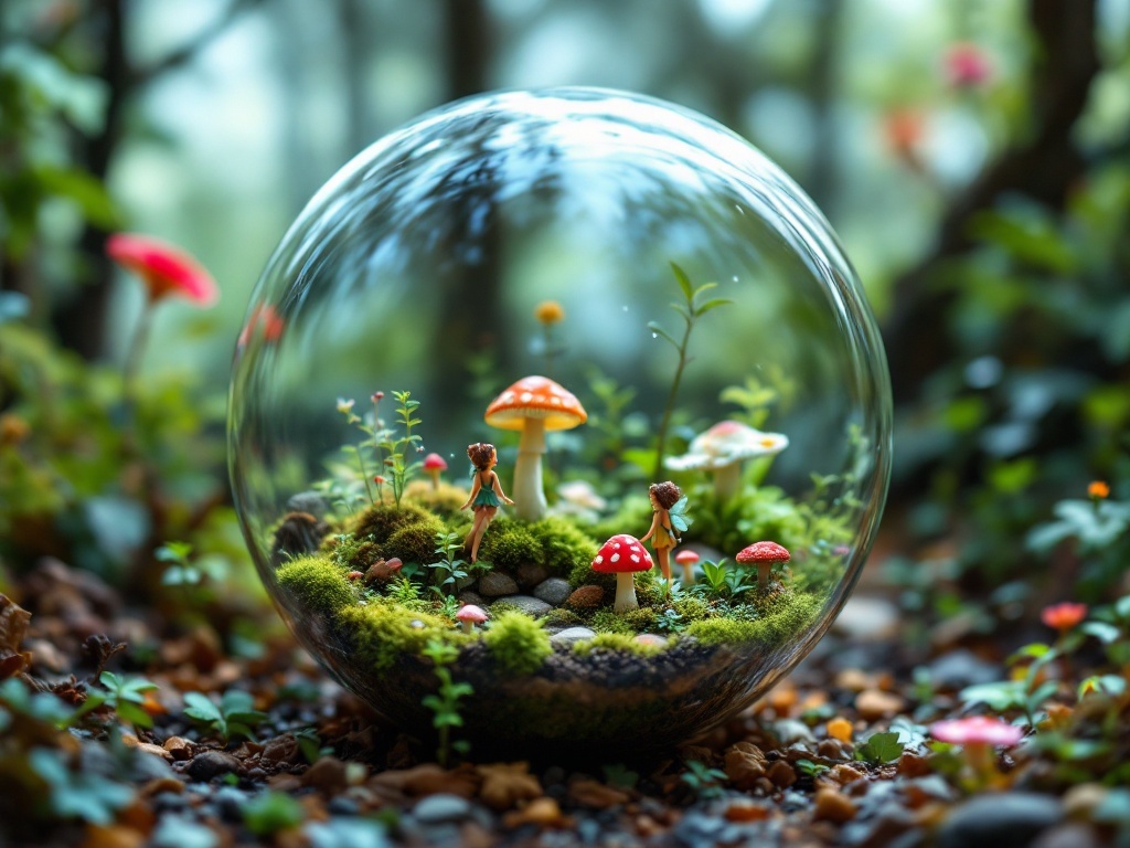 A fairy tale themed terrarium featuring miniature figures, colorful mushrooms, and lush green moss.