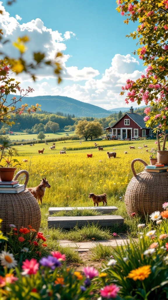 A picturesque farm view with vibrant flowers, animals, and a cozy house in the background.