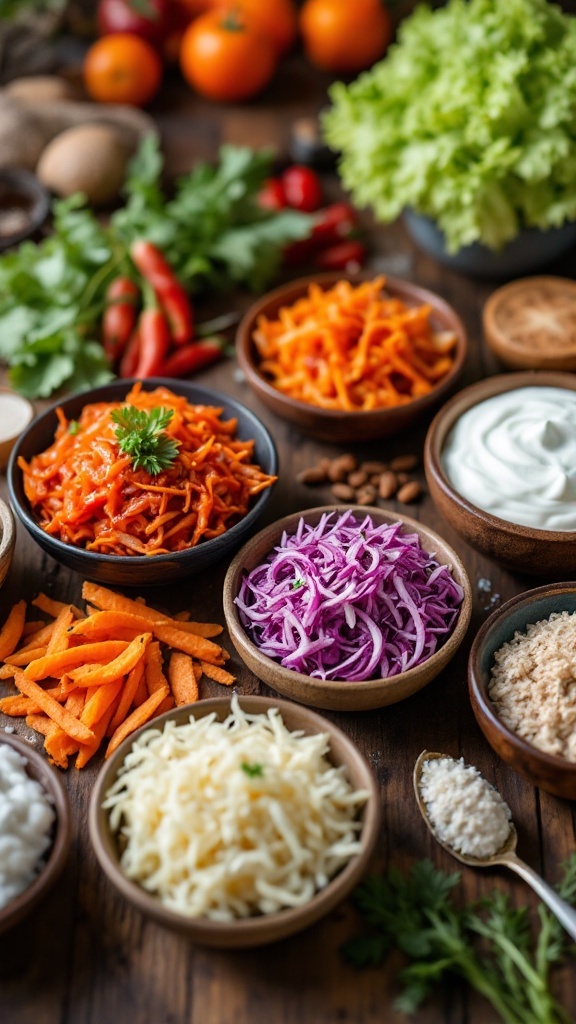 A variety of fresh vegetables and ingredients for fermentation displayed in bowls on a wooden table.