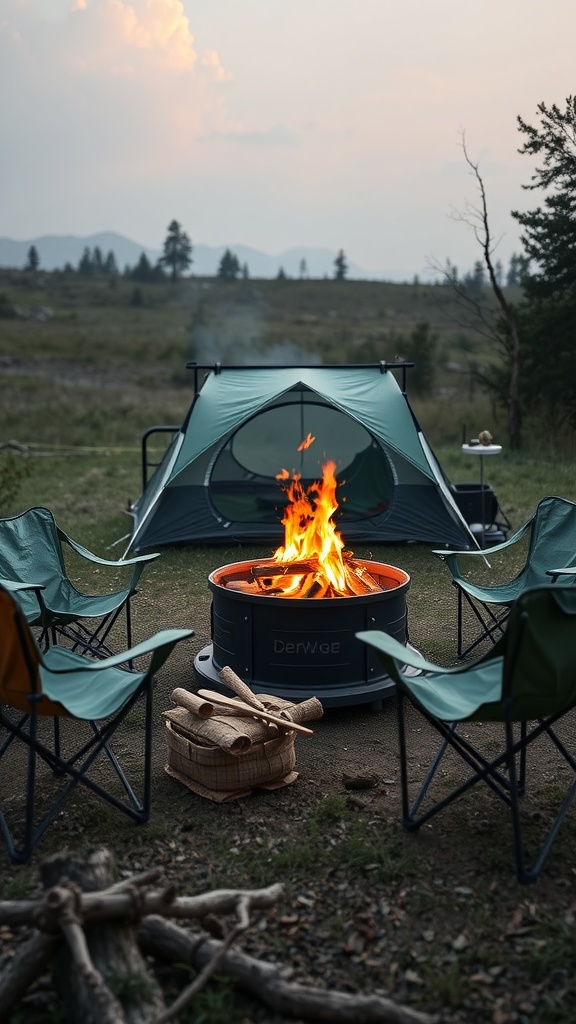 Essential Camping Gear Items. A camping scene featuring a fire pit surrounded by chairs and a green tent in the background.