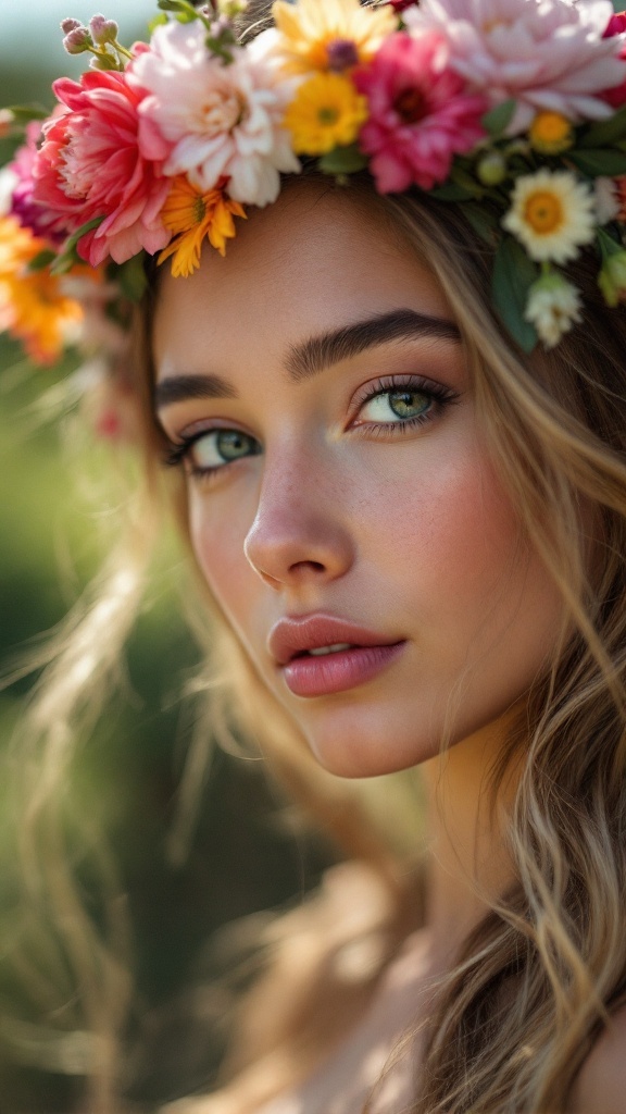 A close-up of a person with a flower crown, showcasing a serene expression and vibrant floral colors.