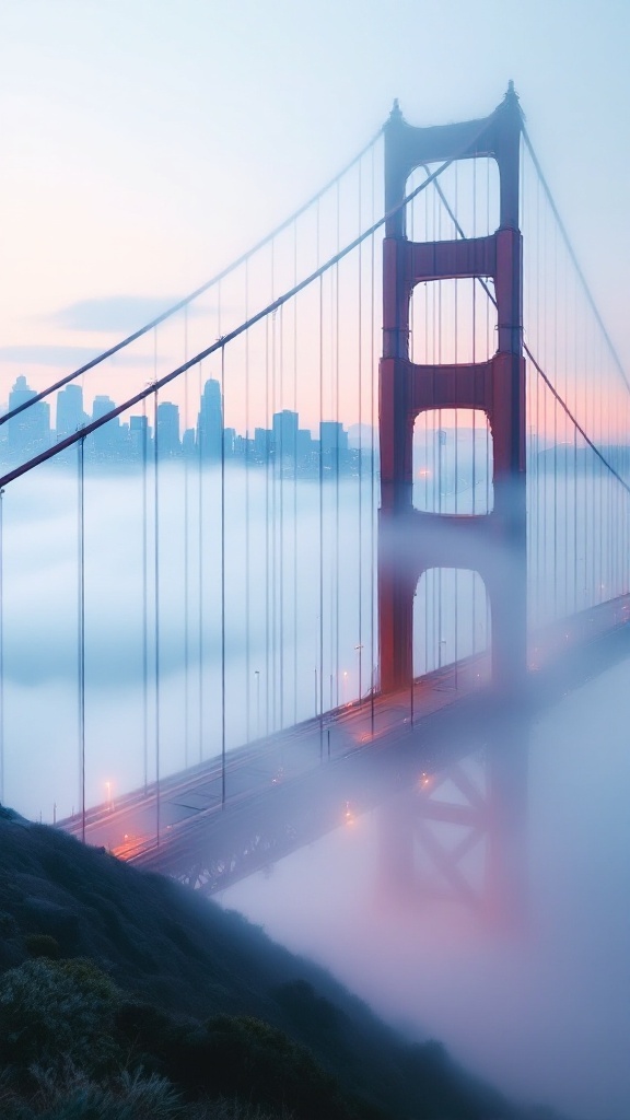 Golden Gate Bridge emerging from fog with city skyline in the background