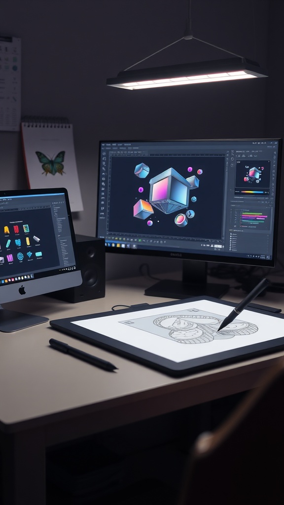 A workspace with two monitors displaying graphic design software and a drawing tablet.
