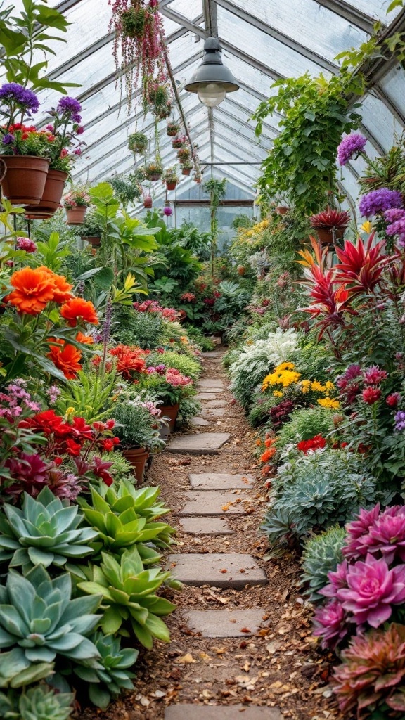 A vibrant greenhouse filled with various flowers and succulents, showcasing a lush garden path.