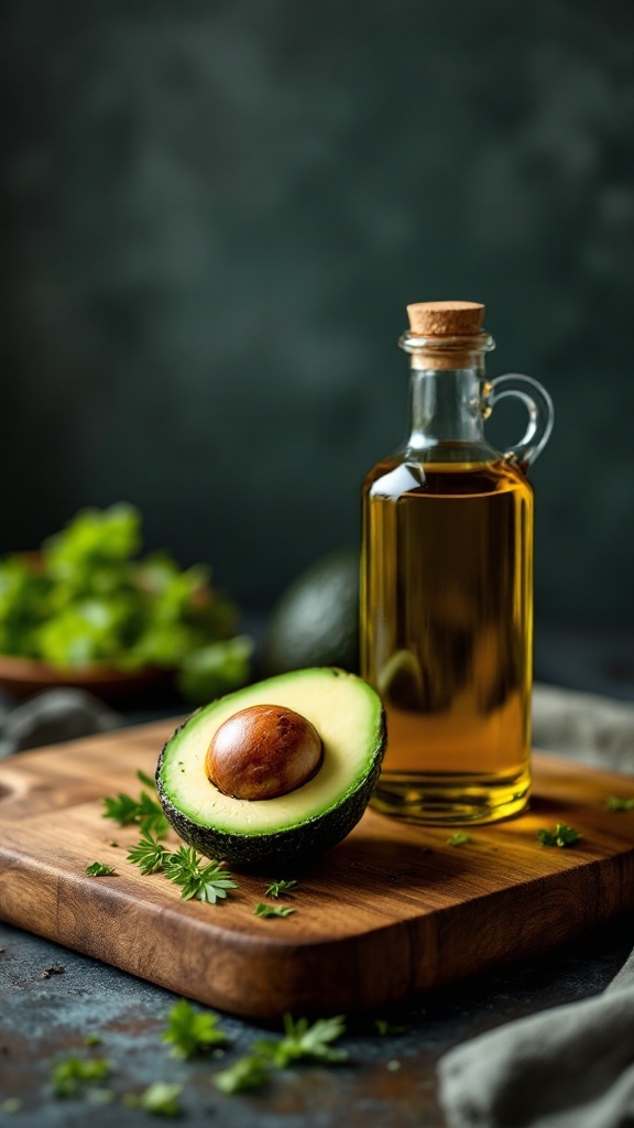 A sliced avocado with a seed on a wooden cutting board next to a bottle of olive oil.