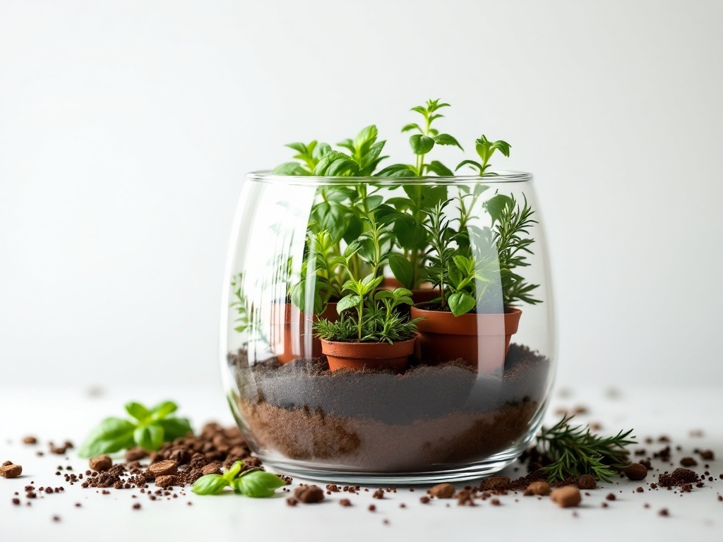 A glass terrarium with various herbs planted in small pots, surrounded by soil and scattered coffee grounds.