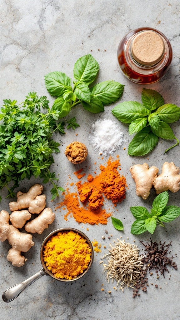 An assortment of herbs and spices on a countertop, including ginger, turmeric, and fresh basil, promoting gut health.